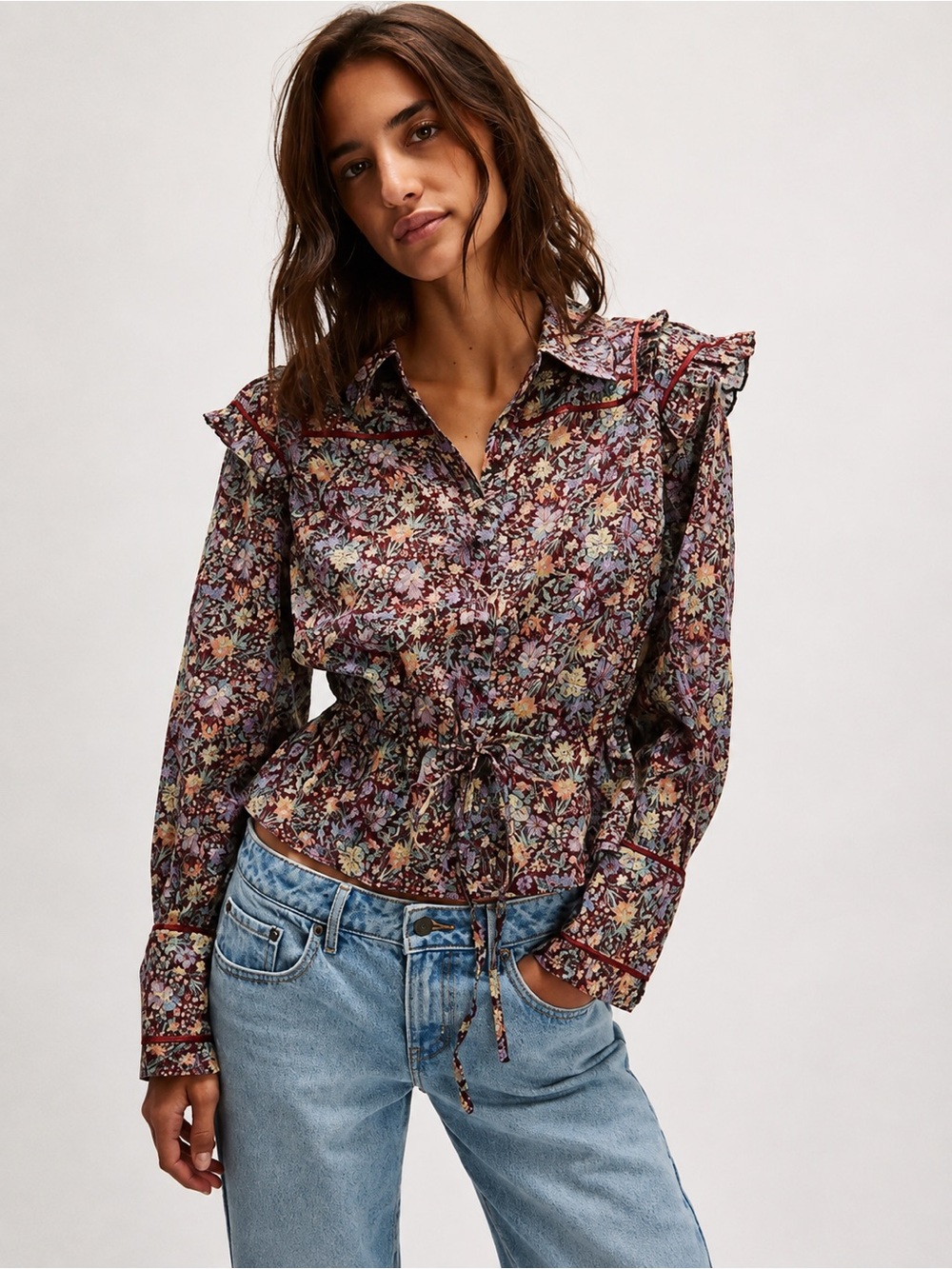 Free People Floral Ruffle Tie Waist Button Front Blouse Top Size L